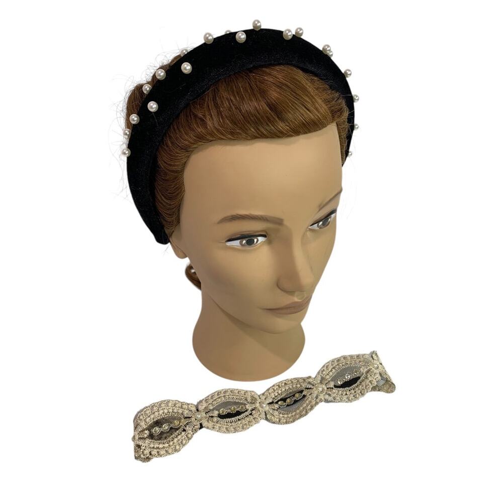 Set‎ of 2 Headbands Black Velour Lace Stretch Faux Pearls Adult